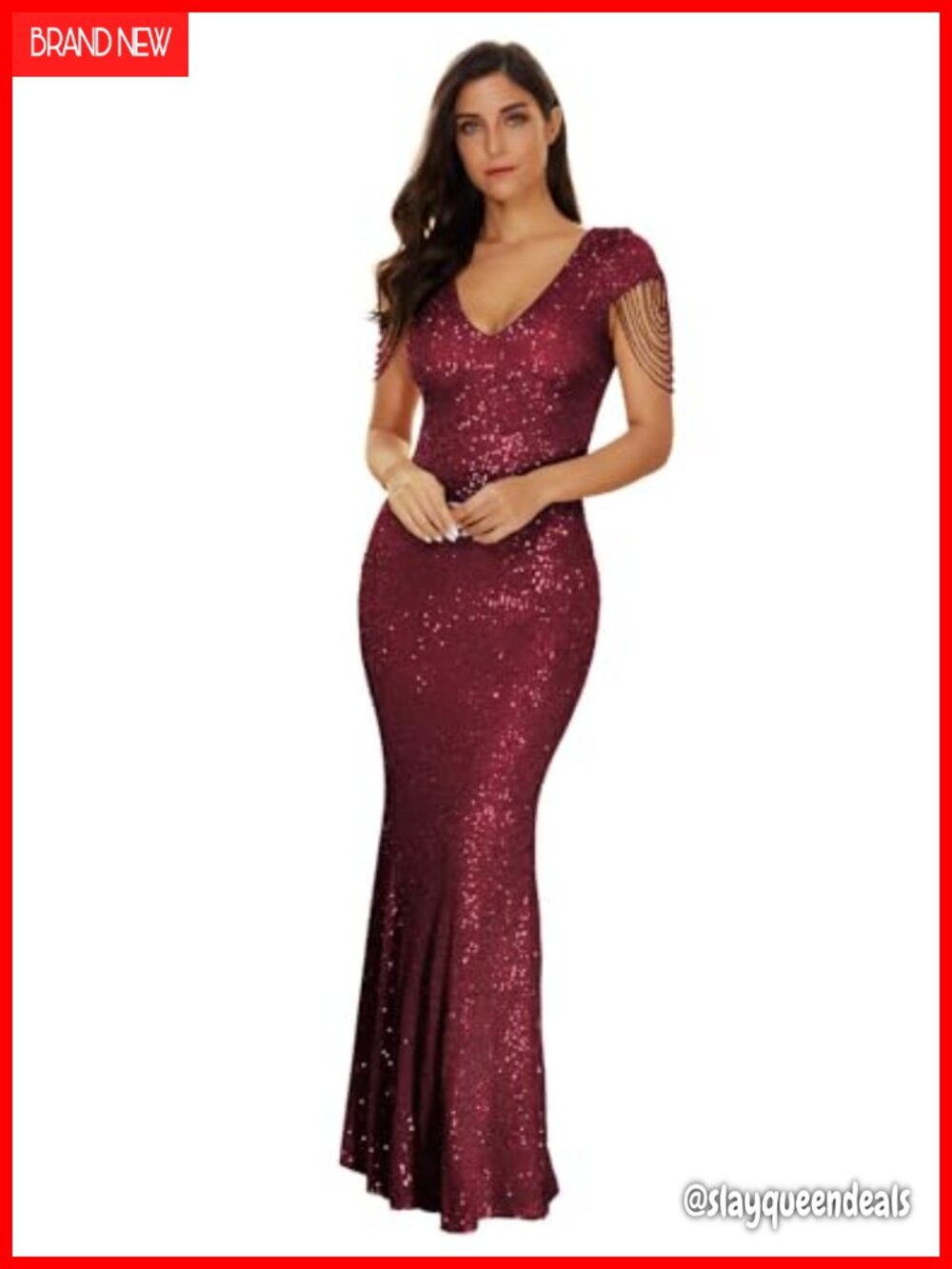 V Neck Sequin Bead Mermaid Long Formal Evening Gown Maxi Dress